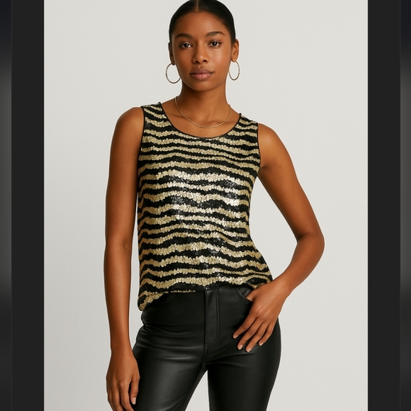 Dolce Vita black / gold striped sequin open back vest style top small - Picture 1 of 11